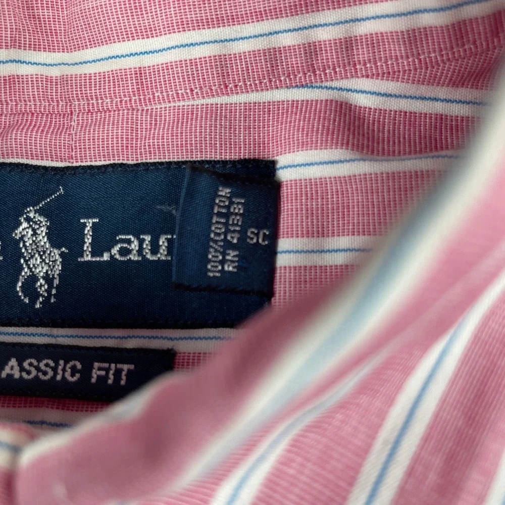 Vintage Ralph Lauren Shirt Mens M Pink Striped Classic Fit Button Preppy 90s